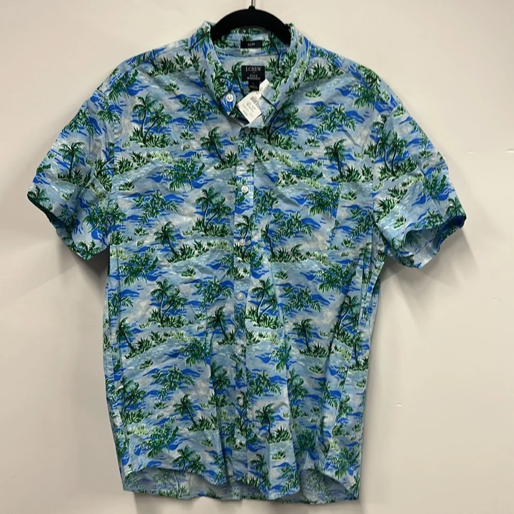 J Crew Printed short-sleeve slim flex casual shirt tropical blue L new
